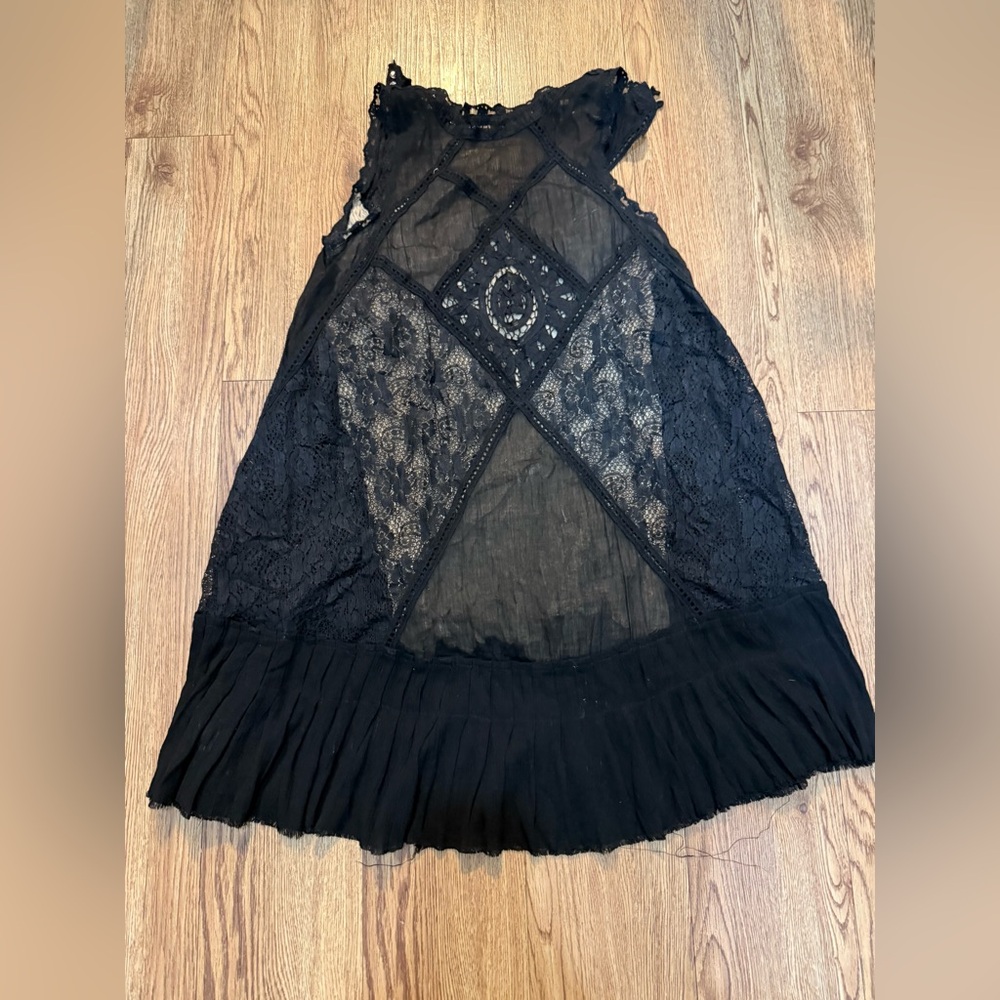 Free People Black Lace A-Line Dress w/ Pleated Hem — Size S